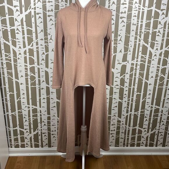 Camisa Nude Ribbed Knit Extreme Hi-Low Hem Hooded Sweater sz XL - Picture 2 of 12